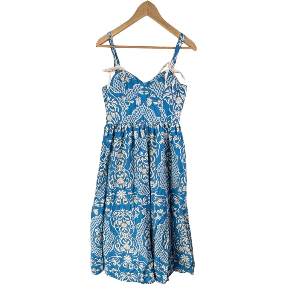Moon River Blue Floral Print Midi Dress Sweetheart Neckline Size M Boho‎ Resort